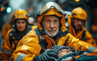 AI generated Medical officer and a first responder. A man wearing a bright yellow jacket stands amidst a group of other individuals. photo