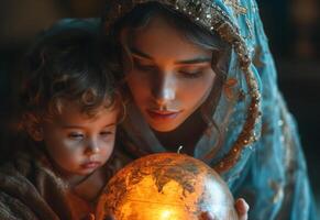 AI generated Mother and daughter looking at globes. A woman and child engage in a shared experience as they study a globe, promoting curiosity and knowledge. photo