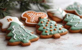 ai generado cuatro Navidad galletas en un grande blanco antecedentes. un mesa lleno con un amplio variedad de hermosamente decorado galletas ese son Perfecto para todas celebraciones foto