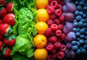 AI generated Fruits and vegetables health benefits. A colorful assortment of various fruits and vegetables arranged together, creating an eye-catching display. photo