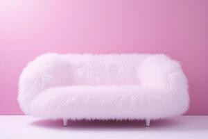 AI generated Fluffy pink sofa in minimalistic interior. AI generated photo