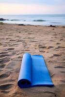 AI generated Blue yoga mat near sea on beach. Wellness and mental health practice. AI generated photo