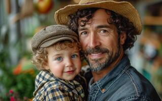 AI generated Family farmerc in a greenhouse. A man wearing a hat and a little boy standing side by side in an outdoor environment. photo