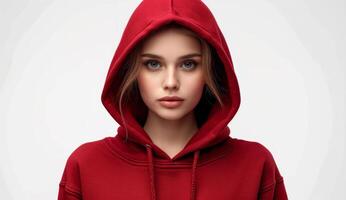 AI generated Red hoodies on a white background. A woman wearing a red hoodie looks directly into the camera with a focused gaze. photo