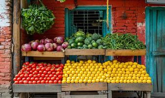 AI generated Fruit and Vegetable Stand in Front of Red Brick Building. A vibrant fruit and vegetable stand overflowing with fresh produce situated in front of a charming red brick building. photo