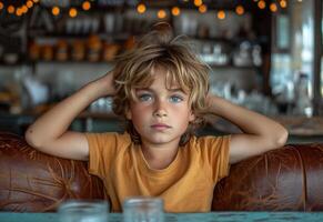 AI generated Young Boy on Couch With Hands on Head, Expressing Distress and Frustration photo