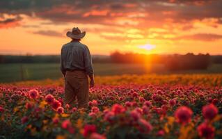 ai generado hombre en pie en campo de flores a puesta de sol durante dorado hora foto