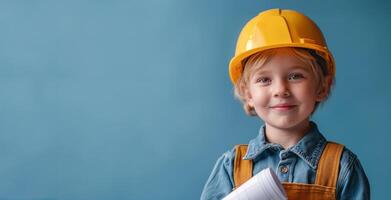 AI generated Young child boy wearing construction worker with construction safety hat and holding blueprint like architect isolated on blue banner background, conceptual of imagination photo