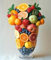 AI generated Assorted Fruits Arranged in a Vase, A Colorful Medley of Natures Bounty. A vibrant collection of various fruits arranged in a vase, showcasing an enticing blend of colors and textures. photo