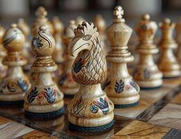 AI generated Eagles chess pieces lying out on the chessboard. A close up image showcasing a chess board with various pieces, highlighting the strategy and competition involved in the game. photo