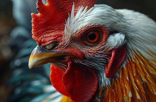 AI generated Detailed Look at Natures Beautiful Bird. Get an up-close and personal view of a roosters head, showcasing its vibrant colors, intricate feathers, and distinctive features. photo