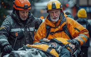 AI generated Medical officer and a first responder. A fireman in full uniform and a rescuer in a specialized suit stand side by side, ready for action. photo