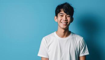 AI generated Asian smiling young man wear white t-shirt isolated on blue background with copy space for your text, generative AI photo