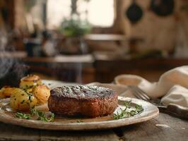 AI generated A plate of steak has been set on a wooden table in a kitchen with dipping sauces, fresh vegetables, onions and peppers, generative, AI photo