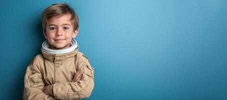 ai generado niño chico en un traje espacial me gusta el cosmonauta aislado en azul bandera fondo, conceptual de imaginación y sueño carrera profesional, generativo ai foto