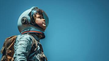 AI generated Young boy in a spacesuit wearing helmet like the cosmonaut in blue space background, conceptual of imagination and dream career, generative AI photo