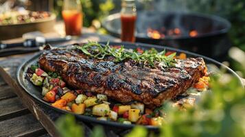 AI generated Grill steak and fresh vegetables salad served and an open wine bottle on top of a wooden table outdoor garden, generative, AI photo