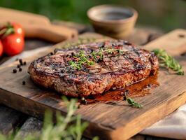 AI generated Grill steak and fresh vegetables served with dipping sauces, fresh vegetables, onions and peppers on top of a wooden desk outdoor garden, generative, AI photo