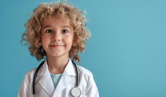 ai generado joven niño chico en médico Saco con estetoscopio me gusta el médico aislado en azul bandera fondo, conceptual de imaginación y sueño carrera profesional, generativo ai foto