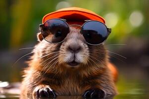 AI generated Portrait of a beaver in sunglasses and a hat. AI generated photo