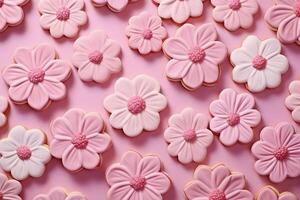 AI generated Pink cookies in the shape of flowers. Hello spring concept. AI generated photo