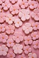 AI generated Pink cookies in the shape of flowers. Hello spring concept. AI generated photo