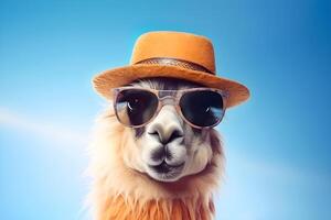 ai generado retrato de un alpaca en Gafas de sol y un sombrero. verano concepto. ai generado foto