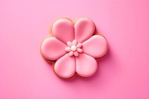 AI generated Pink cookie in the shape of flower. Hello spring concept. Minimalism. AI generated photo