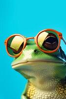ai generado retrato de rana en Gafas de sol en azul antecedentes. ai generado foto