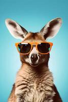 AI generated Portrait of a kangaroo in sunglasses on a blue background, studio shot. AI generated photo