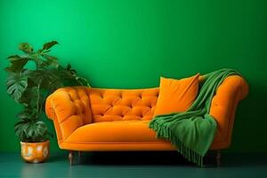 ai generado naranja sofá en un verde interior. ai generado foto