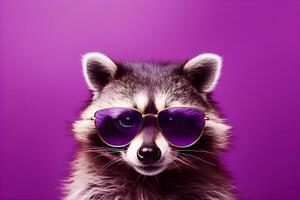 ai generado retrato de un mapache en Gafas de sol en un púrpura antecedentes. ai generado foto
