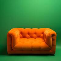 ai generado minimalista naranja Sillón en un verde interior. ai generado foto