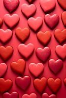 AI generated Cookies in the shape of hearts for Valentine's Day. Red background. AI generated photo