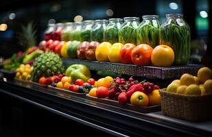AI generated Fresh fruits and vegetables in a supermarket. A display of various fruits and vegetables on a shelf photo