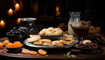 AI generated Desserts for chinese new year. A table adorned in playful elegance hosting a delightful arrangement of cookies alongside tangy orange slices. photo