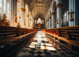 ai generado Iglesia interior prima foto. un Iglesia con un a cuadros piso y filas de bancas foto