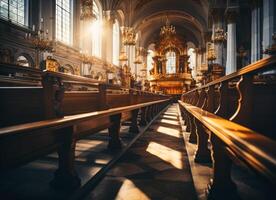 AI generated Church interior premium photo. A church with a row of pews in the middle of it photo
