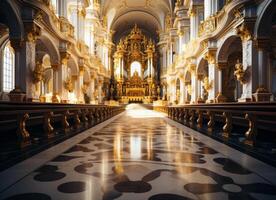 ai generado Iglesia interior prima foto. un grande catedral con oro y blanco decoraciones foto
