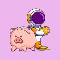 Cute astronaut saving money in a piggy bank cartoon character vector