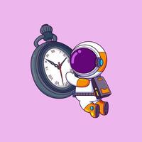 linda astronauta mirando a grande reloj vector