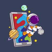 cute astronaut flying on mobile phone vector