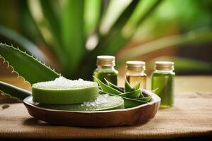 AI generated Aloe vera in spa setting, A spa environment with aloe vera leaves used as decoration or in treatments, Natural remedies from a plant concept, generative AI photo