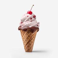 AI generated Ice cream cone with chocolate cream and cherry topping on white background, generative AI photo