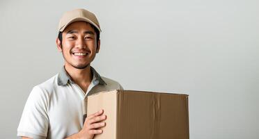AI generated Asian delivery man holding cardboard boxes with parcel while wearing uniforms and a cap isolated long banner on white background, generative AI photo