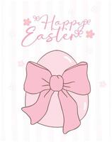 Cute Coquette Easter egg with pink bow Cartoon banner, sweet Retro Happy Easter spring animal Hand Drawing. vector
