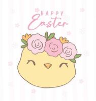 Cute Pink Coquette Easter Chick smiling face Cartoon, sweet Retro Happy Easter spring animal Hand Drawing. vector