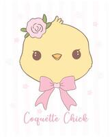 Cute Pink Coquette Easter Chick smiling face Cartoon, sweet Retro Happy Easter spring animal Hand Drawing. vector