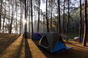 Group of tent for overnight camping with sunrise over the misty mountain and ray of light and campsite of Pang Oung, Mae Hong Son province, Thailand photo
