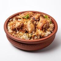 AI generated Hyderabadi biryani on a clay plate on a white background, photo